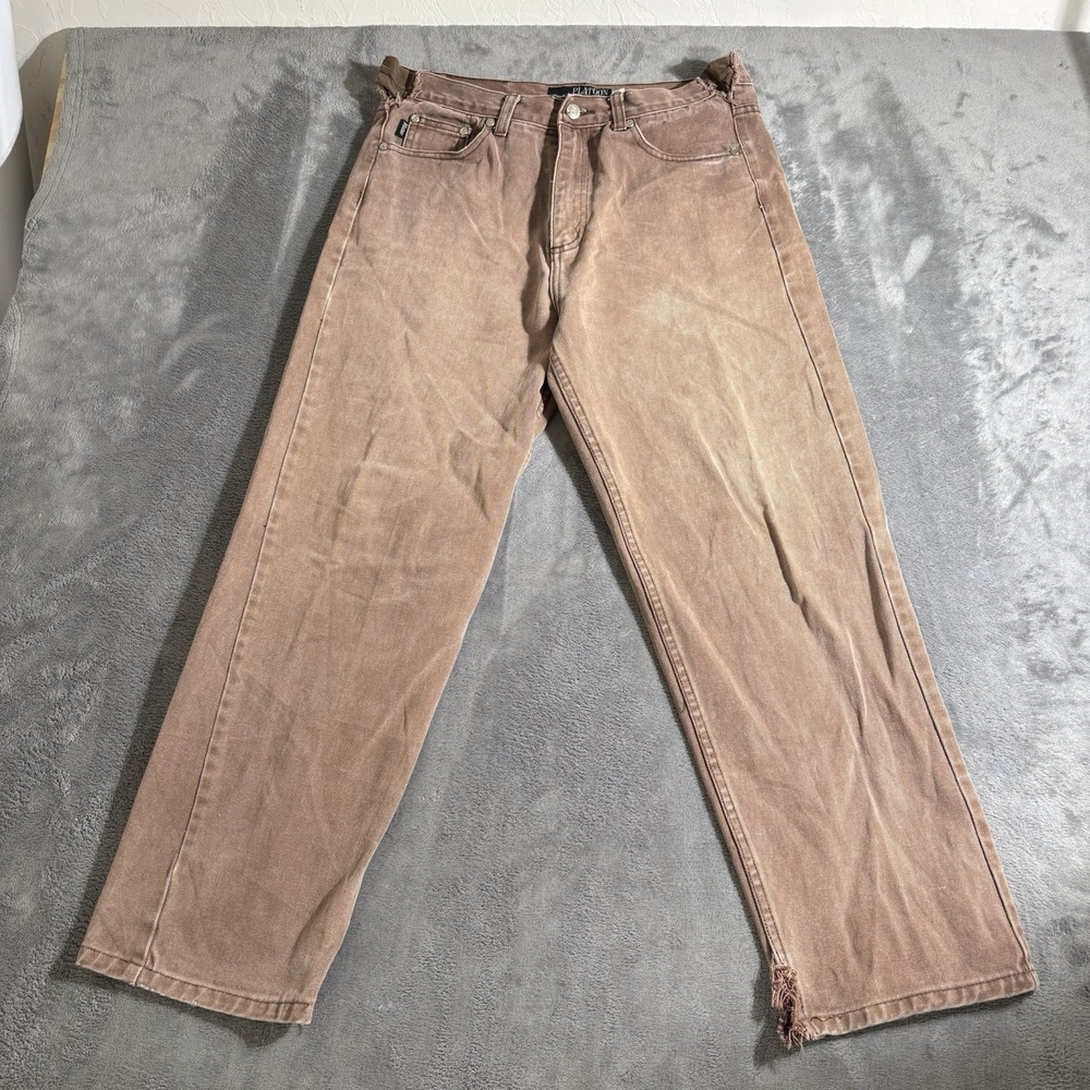 Platoon Jeans Men's 32 Tan Salmon Denim Straight Leg Distressed Hips And Cuffs